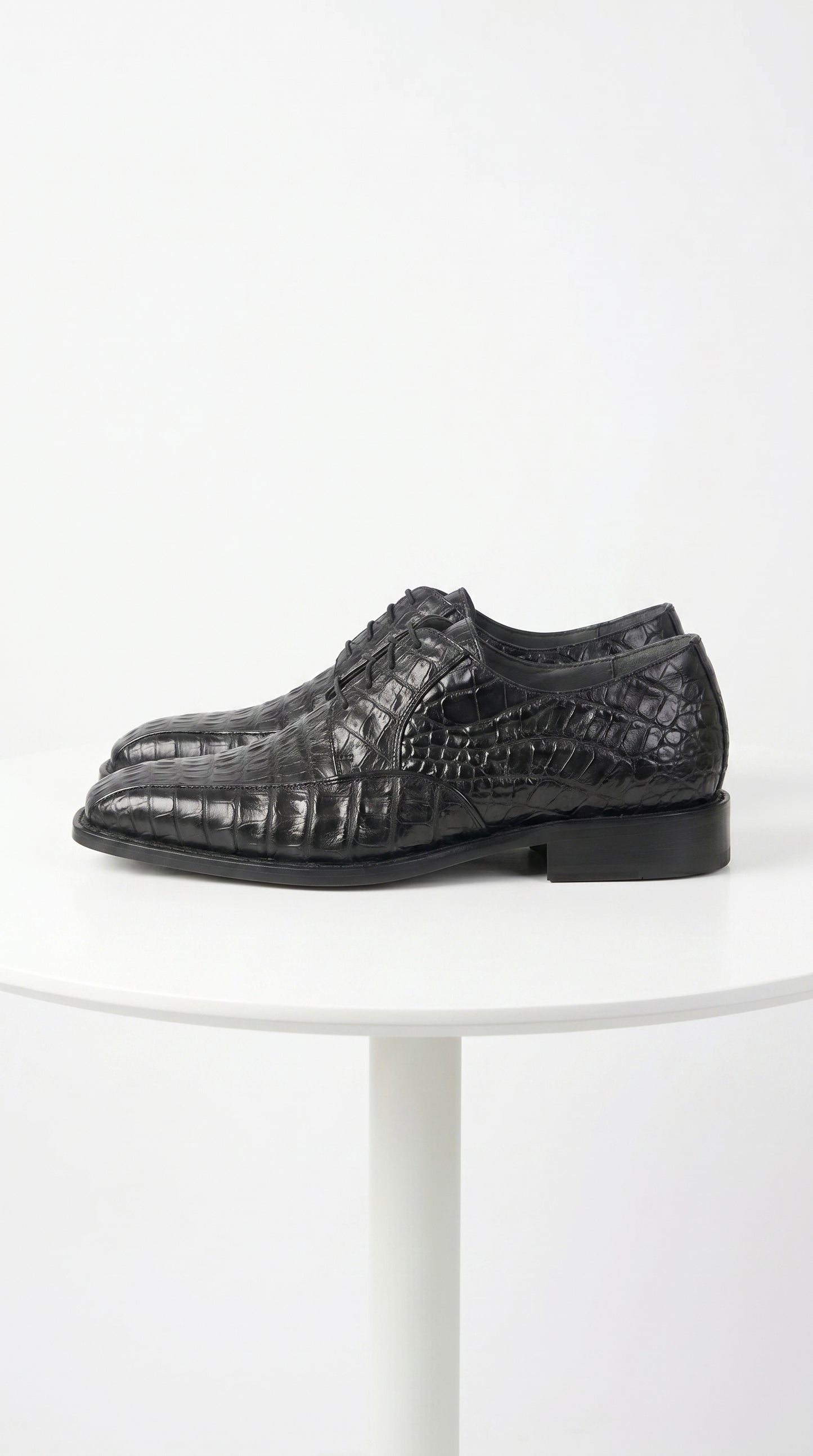Men’s Los Altos Black Crocodile Bike Toe Dress Shoes, Exotic Formal Lace Up Shoes
