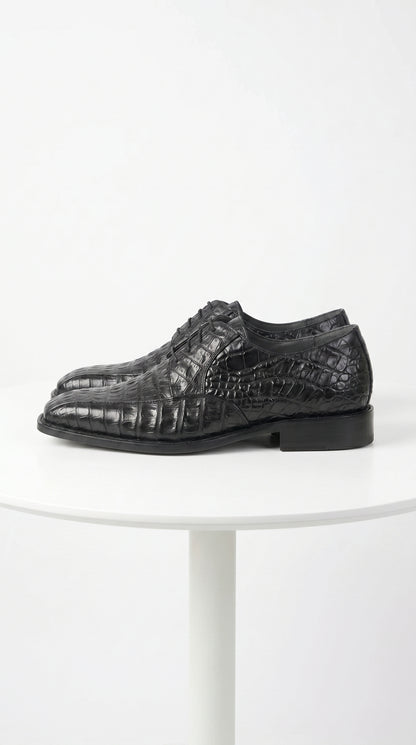 Men’s Los Altos Black Crocodile Bike Toe Dress Shoes, Exotic Formal Lace Up Shoes