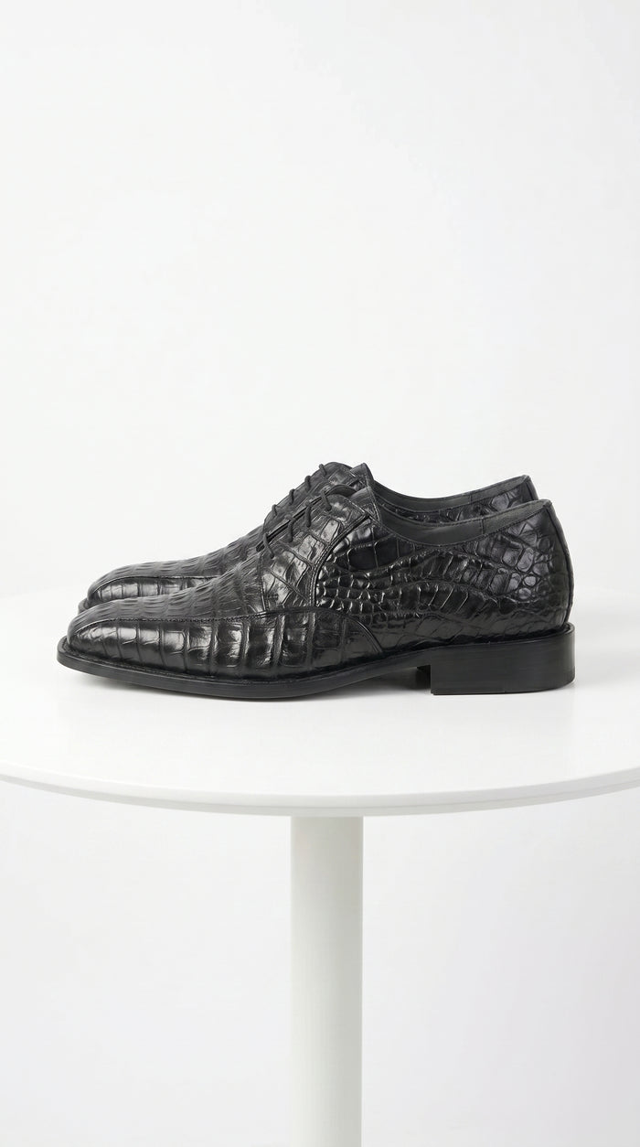 Men’s Los Altos Black Crocodile Bike Toe Dress Shoes, Exotic Formal Lace Up Shoes