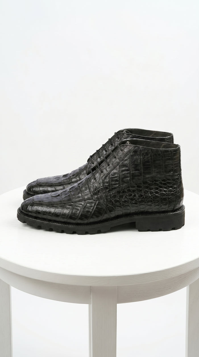 Men’s Los Altos Black Genuine Caiman Crocodile Hornback Ankle Boots, Exotic Lace Up Western Boots