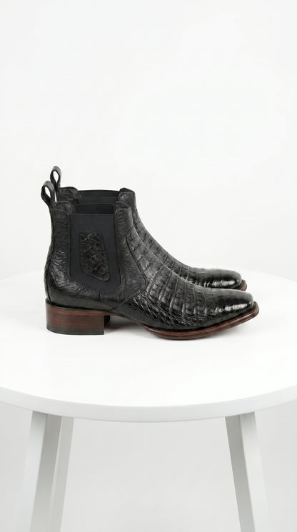 Men’s Los Altos Black Caiman Belly Short Boots with Wide Square Toe, Exotic Western Ankle Boots