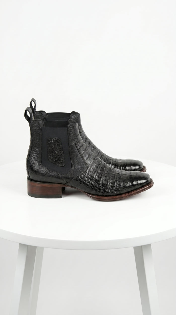Men’s Los Altos Black Caiman Belly Short Boots with Wide Square Toe, Exotic Western Ankle Boots