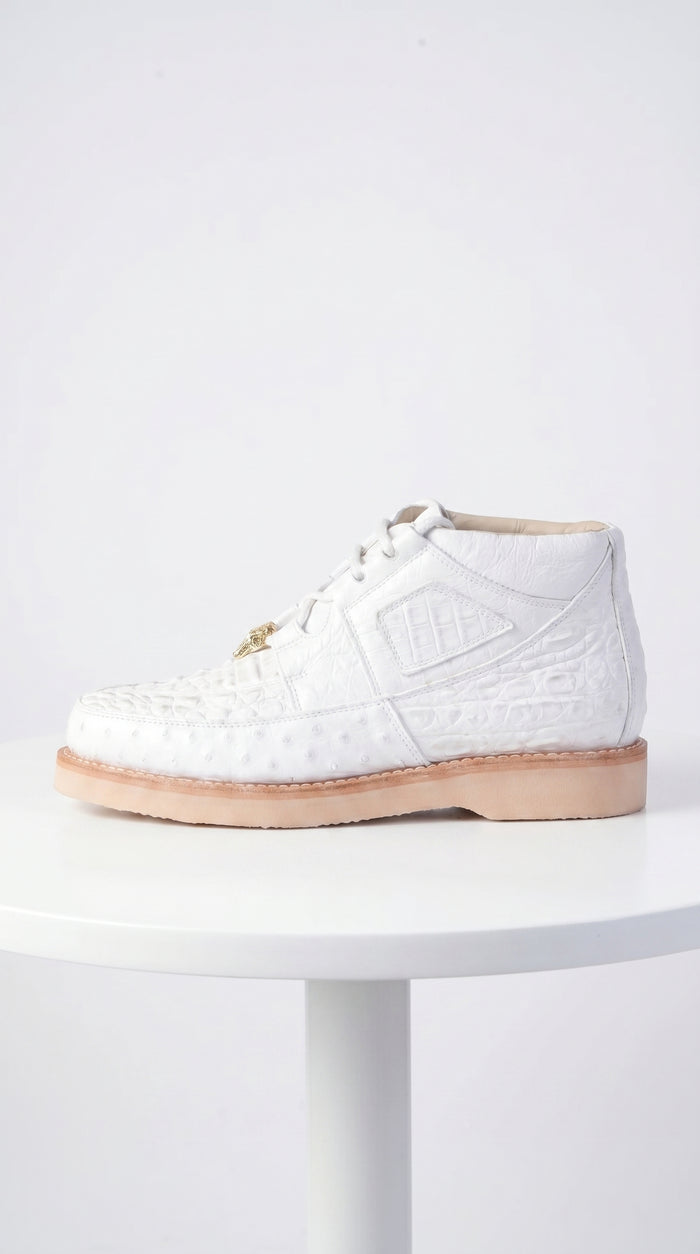 Men’s Los Altos White Caiman and Ostrich Skin Casual Sneakers, Exotic Lace Up Dress Shoes