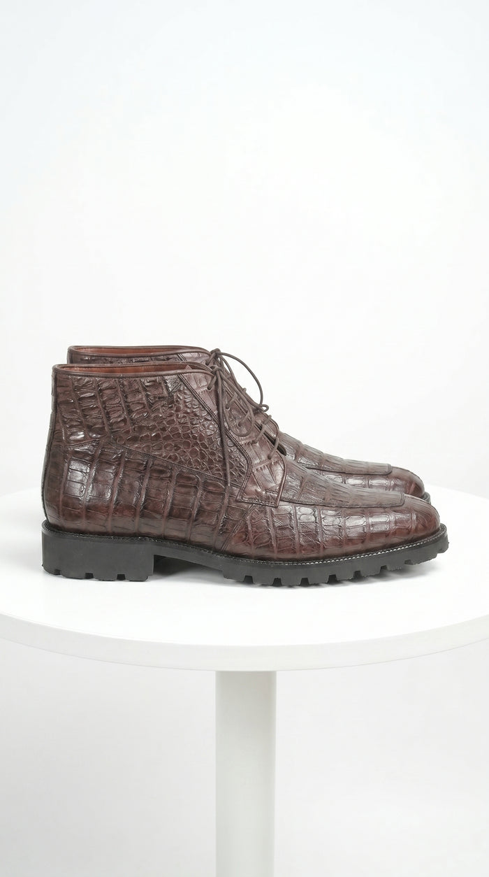 Men’s Los Altos Brown Genuine Caiman Crocodile Belly Ankle Boots, Exotic Lace Up Western Boots