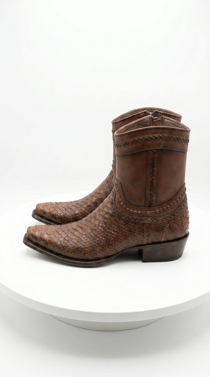 Men’s Los Altos Porto Brown Python Skin Short Boots with European Toe, Exotic Western Dress Boots