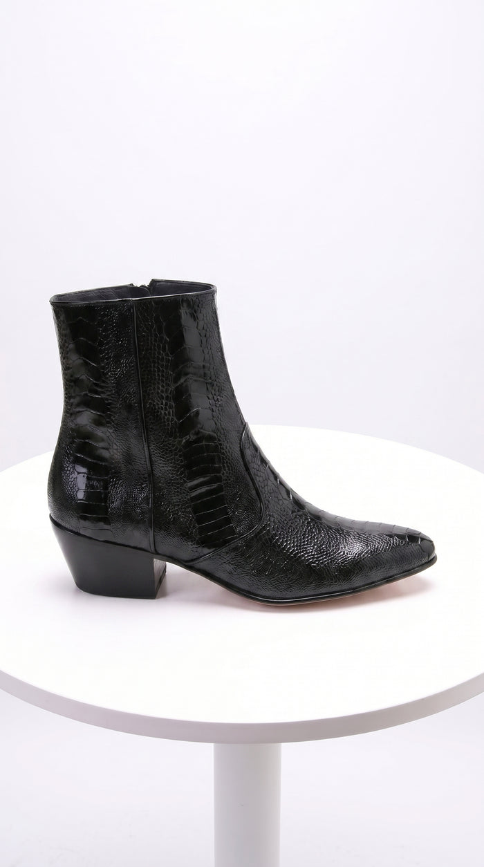 Men’s Los Altos Black Genuine Ostrich Leg Leather Ankle Boots, Exotic Western Dress Boots