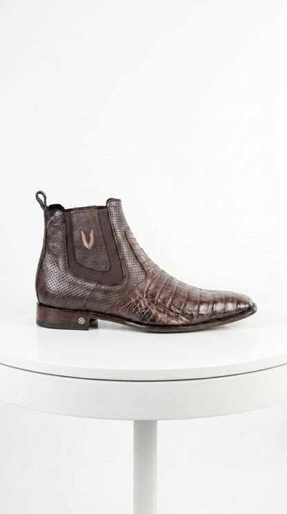 Men’s Brown Vestigium Caiman Belly Chelsea Boots, Genuine Exotic Dress Ankle Boots