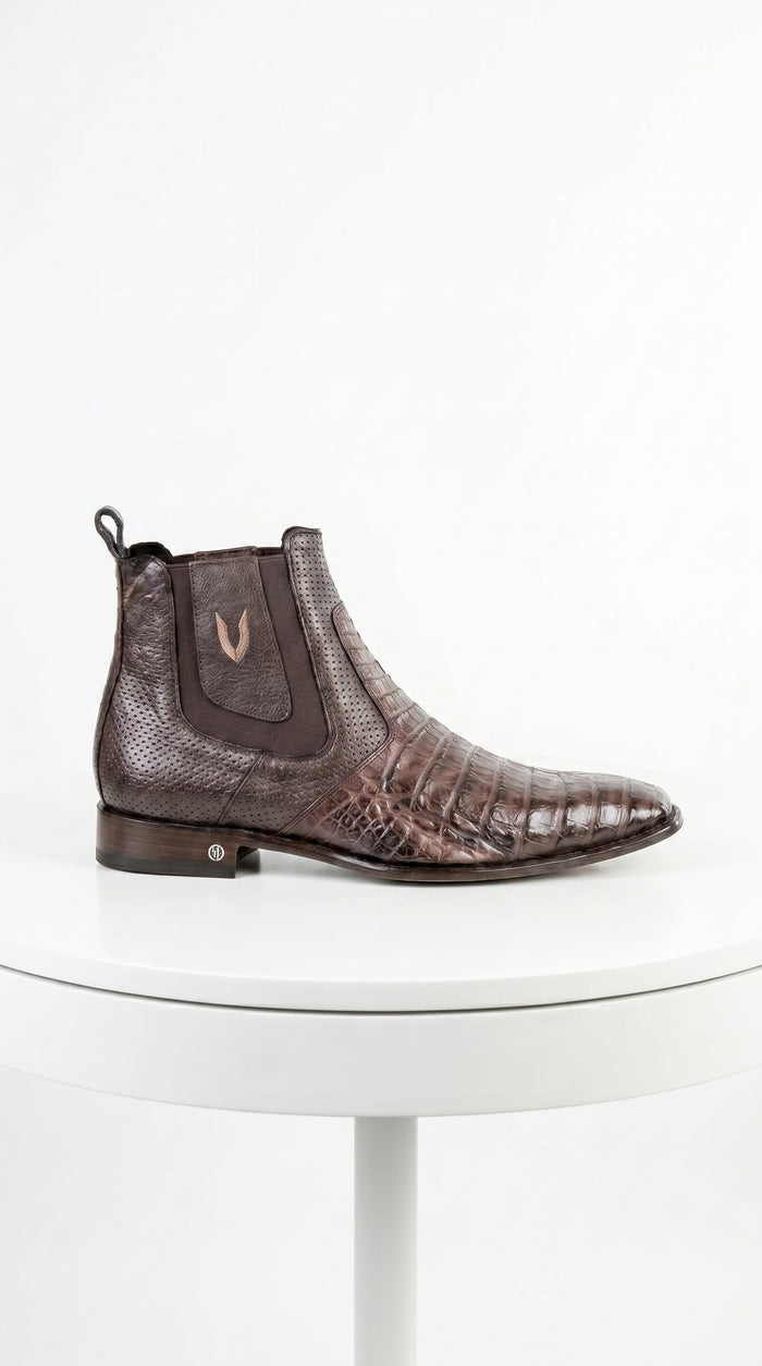 Men’s Brown Vestigium Caiman Belly Chelsea Boots, Genuine Exotic Dress Ankle Boots