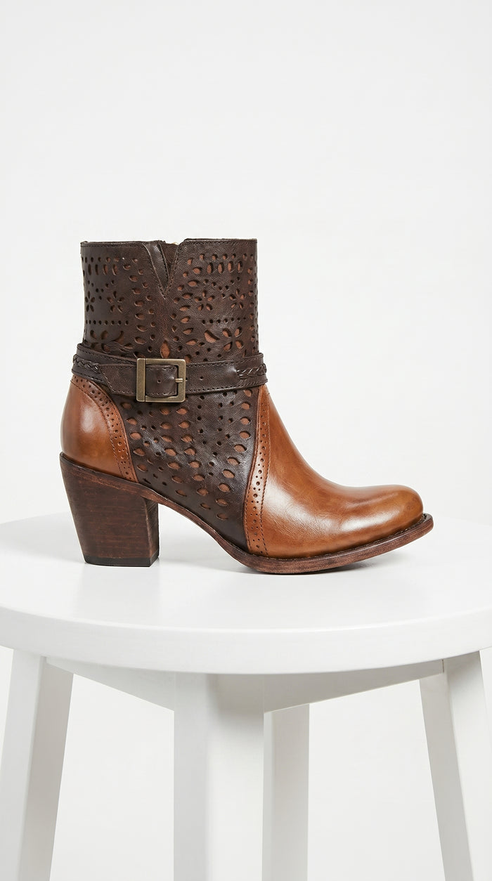 Women’s Brown Leather Short Boots with Oval Toe, Buckle Strap Fashion Ankle Boots