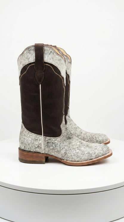 Women’s White and Brown Cowhide Leather Rodeo Boots, Western Pull On Cowboy Boots