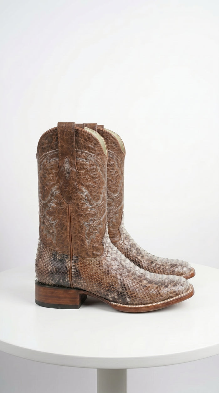 Men’s Brown Original Python Ranchero Cowboy Boots with Pointed Toe, Exotic Western Dress Boots