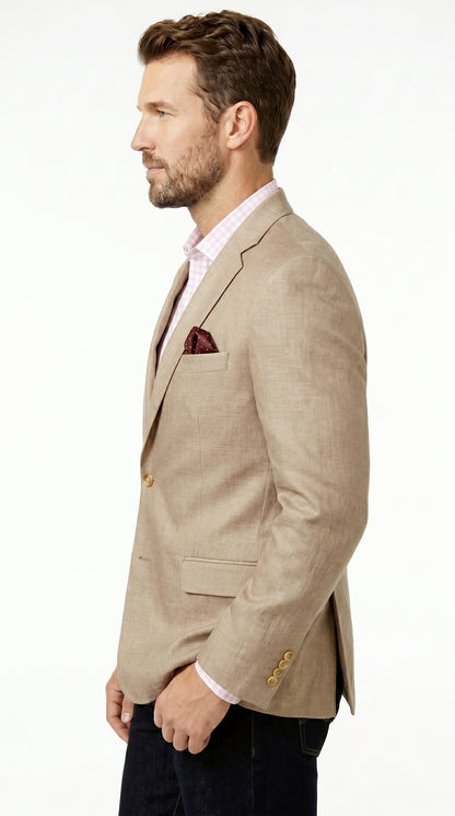 Men’s Tan Beige Sport Coat with 2 Button Front, Summer Dress Casual Blazer Jacket