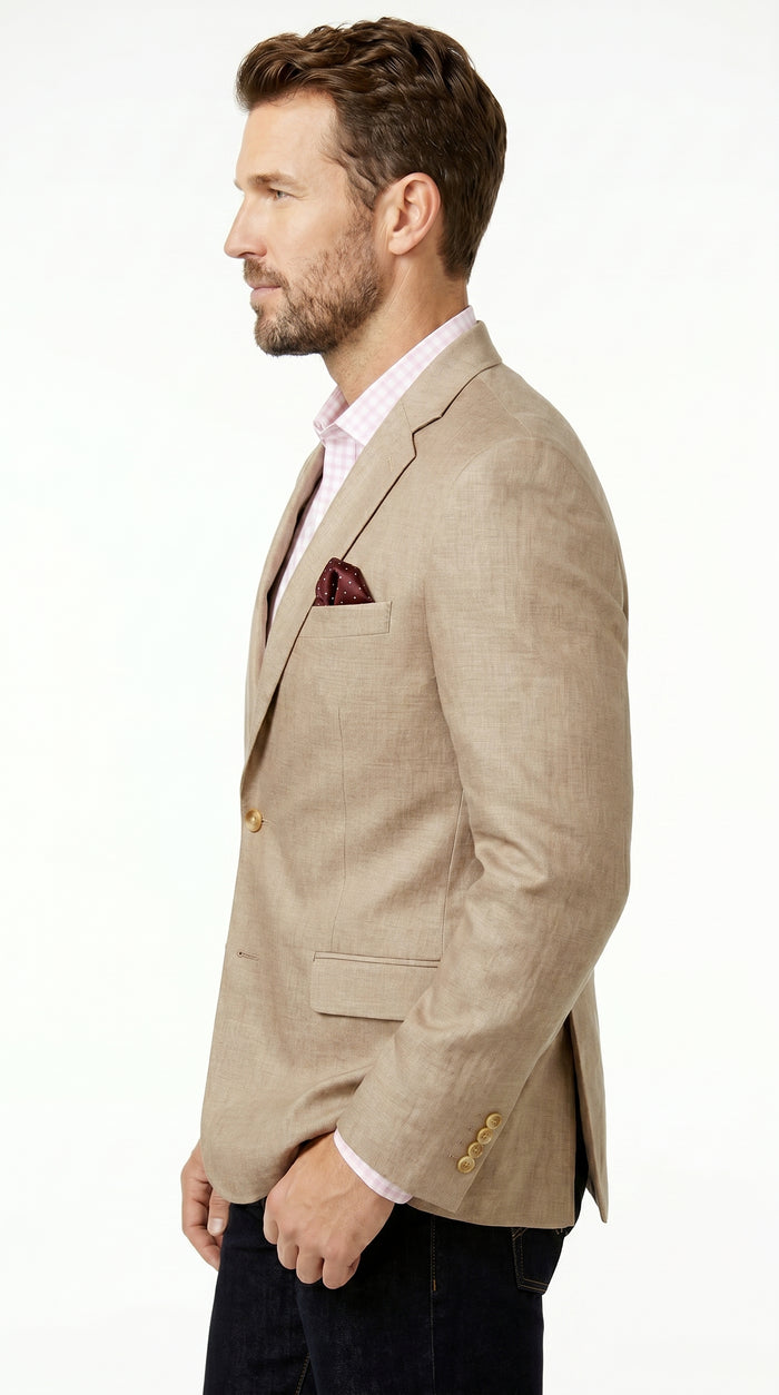 Men’s Tan Beige Sport Coat with 2 Button Front, Summer Dress Casual Blazer Jacket