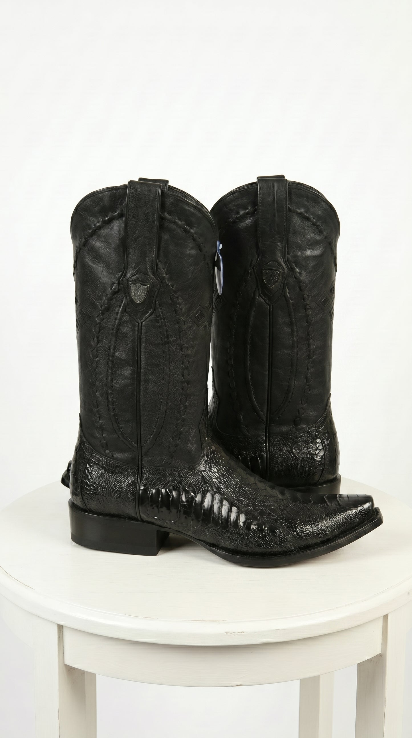 Men’s Black Ostrich Leg Cowboy Boots with Snip Toe, Western Dress Boots