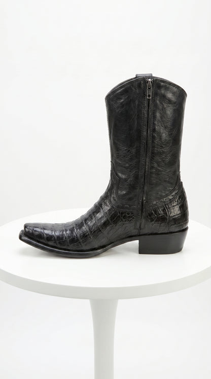 Men’s Black Caiman Skin Cowboy Boots with Western Shaft, Exotic Dress Boots
