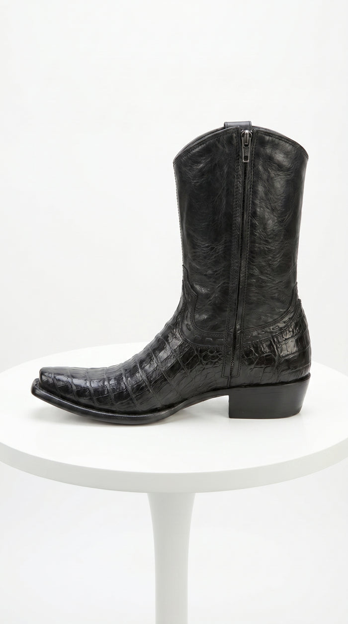 Men’s Black Caiman Skin Cowboy Boots with Western Shaft, Exotic Dress Boots