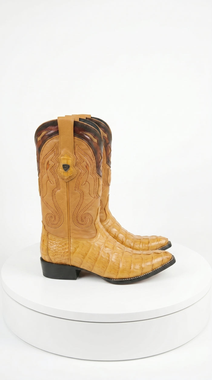 Men’s Yellow Gold Caiman Tail Skin 3X Toe Cowboy Boots – Wild West Western Boots 29501-A
