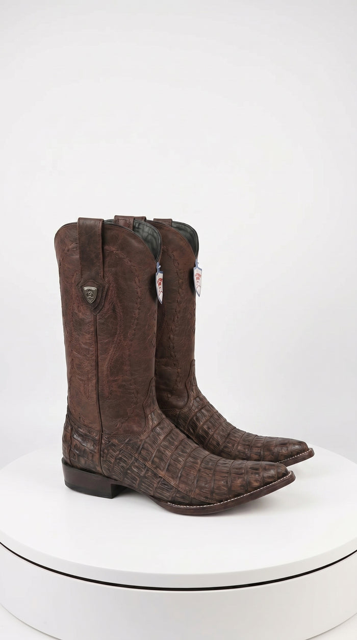 Men’s Wild West Brown Caiman Belly Skin 3X Toe Cowboy Boots, Exotic Western Dress Boots 29582-B