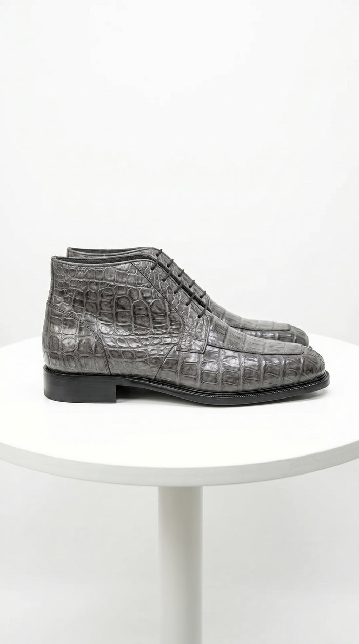 Men’s Los Altos Gray All Over Crocodile Lace Up Dress Ankle Boots, Exotic Formal Boots
