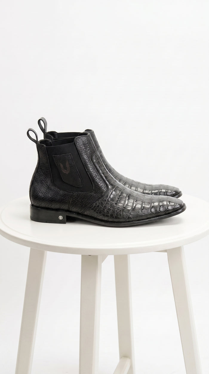 Men’s Black Vestigium Genuine Caiman Belly Chelsea Boots, Exotic Leather Dress Boots