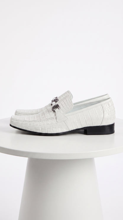 Men’s Los Altos White Caiman Belly Dress Shoes, Leather Sole Bit Loafers for Formal Wear