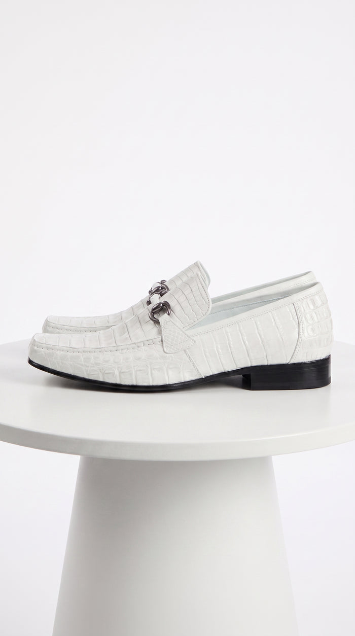 Men’s Los Altos White Caiman Belly Dress Shoes, Leather Sole Bit Loafers for Formal Wear