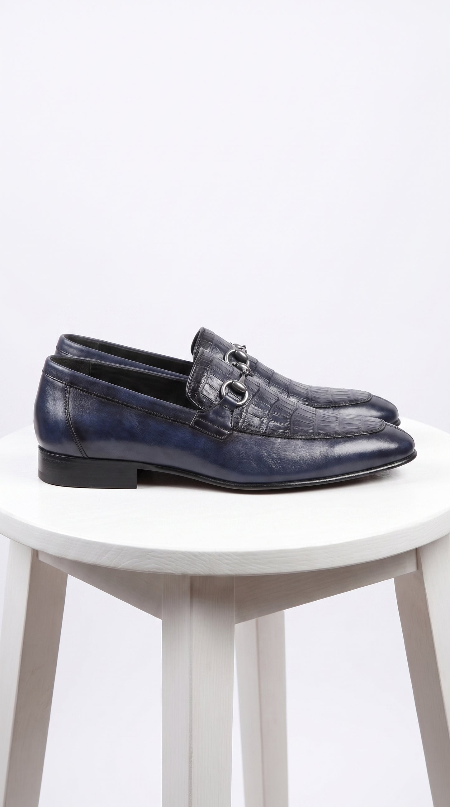 Men’s Navy Genuine Crocodile and Calfskin Leather Slip-On Dress Shoes, Exotic Bit Loafers
