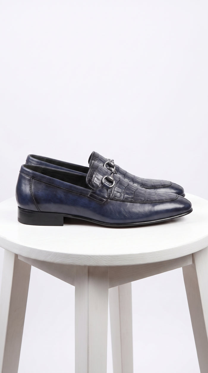Men’s Navy Genuine Crocodile and Calfskin Leather Slip-On Dress Shoes, Exotic Bit Loafers