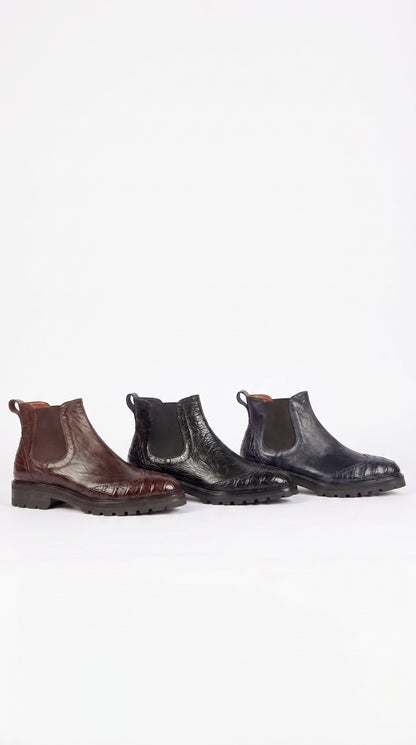 Lombardy Men’s Calfskin Crocodile Chelsea Boots – Tractor Sole Exotic Ankle Boots