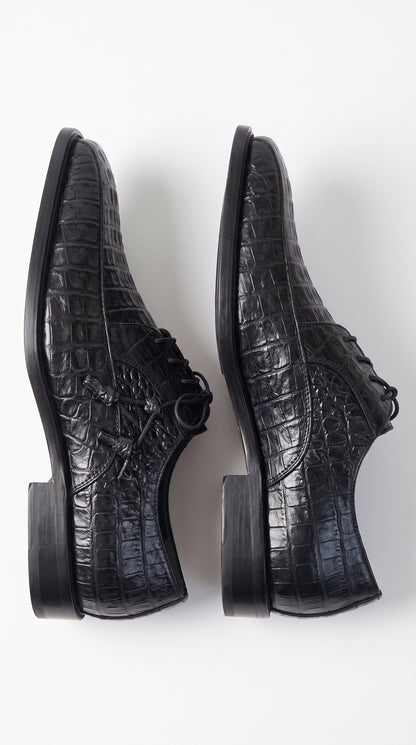 Los Altos Men’s Black Genuine Caiman Belly Oxford Shoes – Exotic Leather Lace-Up Dress Shoes