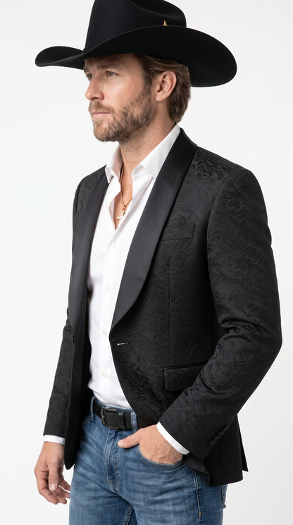 Men’s Black Paisley Jacquard Blazer – Satin Shawl Lapel Western Formal Designer Dinner Jacket