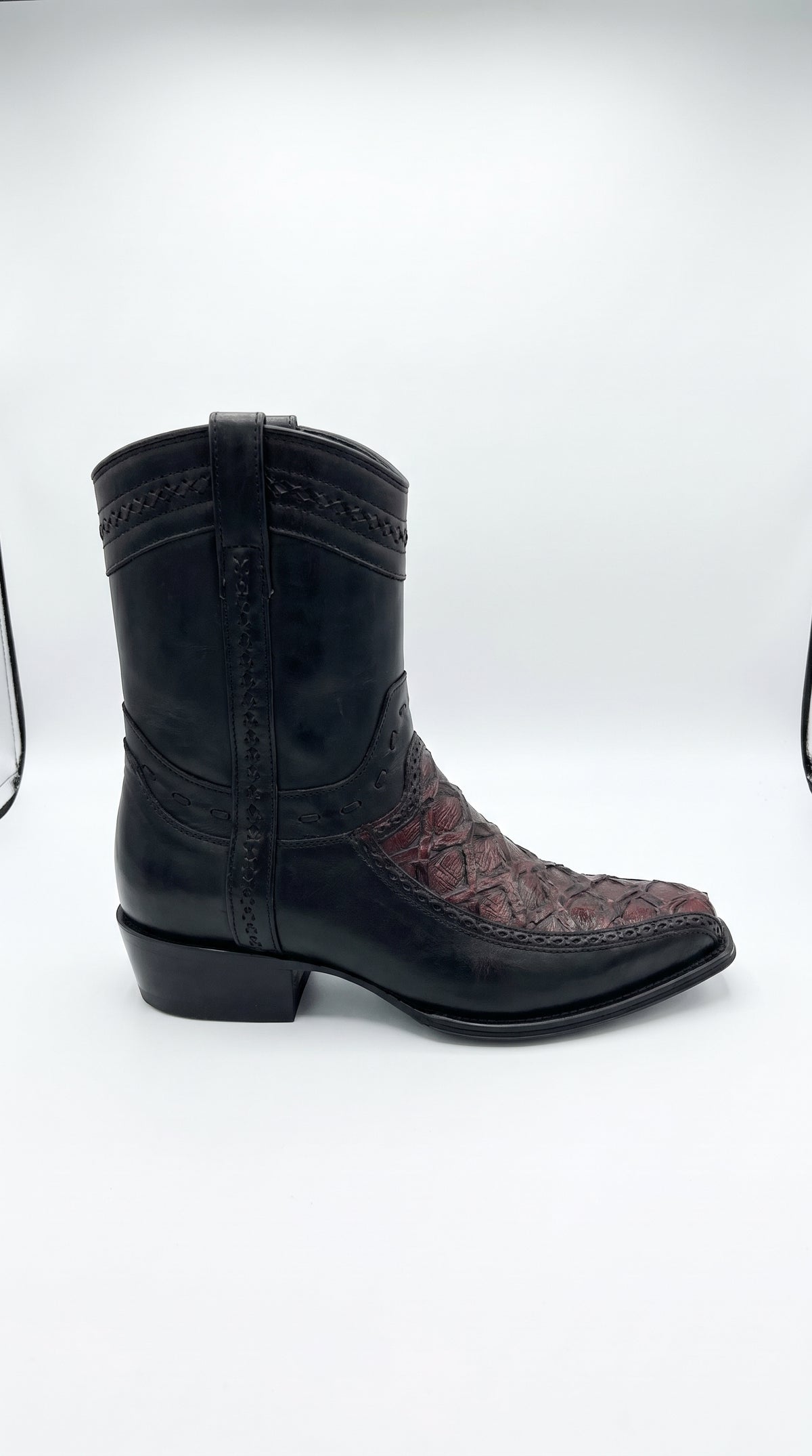 Los Altos Men's Genuine Monster Fish Skin Short Boots – Black Cherry Exotic Leather European Toe Western Cowboy Boots