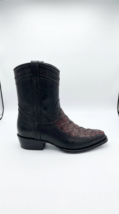 Los Altos Men's Genuine Monster Fish Skin Short Boots – Black Cherry Exotic Leather European Toe Western Cowboy Boots