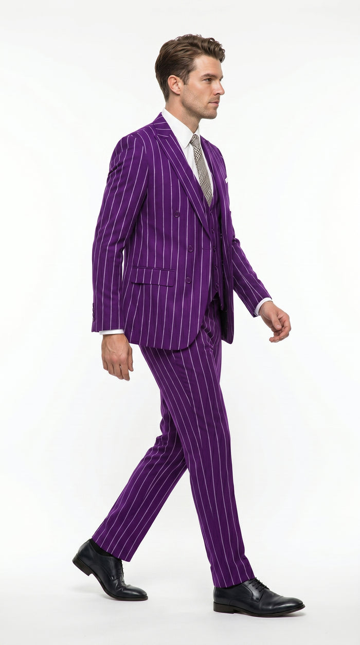 Men’s Purple Pinstripe 1920s Gangster Suit with Jacket, Vest and Pants, Vintage Formal Dress Suit
