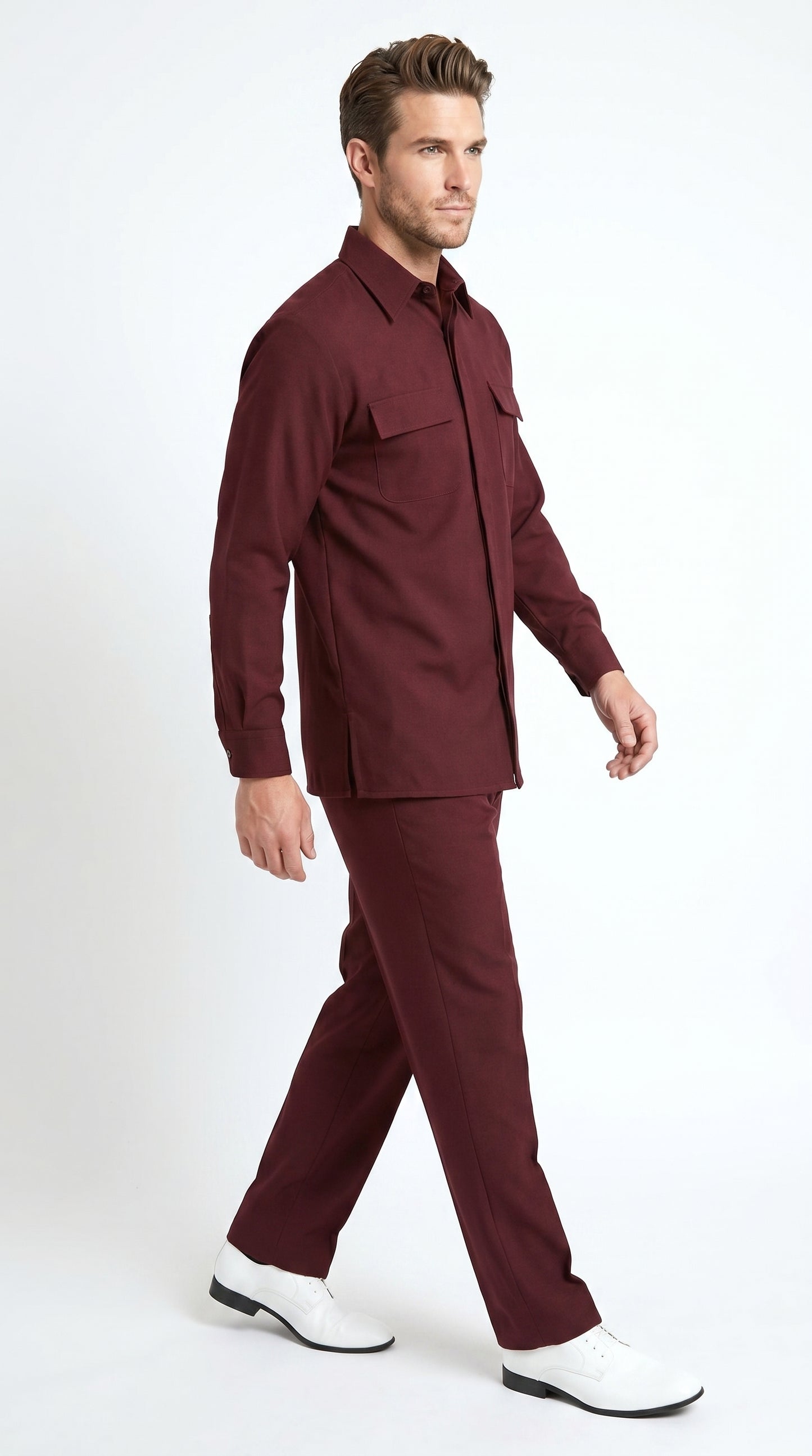 Men’s Apollo King Burgundy 2 Piece Walking Suit with Long Sleeve Shirt Jacket and Matching Pants