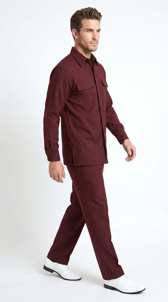 Men’s Apollo King Burgundy 2 Piece Walking Suit with Long Sleeve Shirt Jacket and Matching Pants