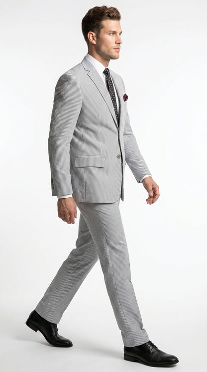 Men’s Black Pinstripe Summer Seersucker 2 Piece Suit with Jacket and Pants