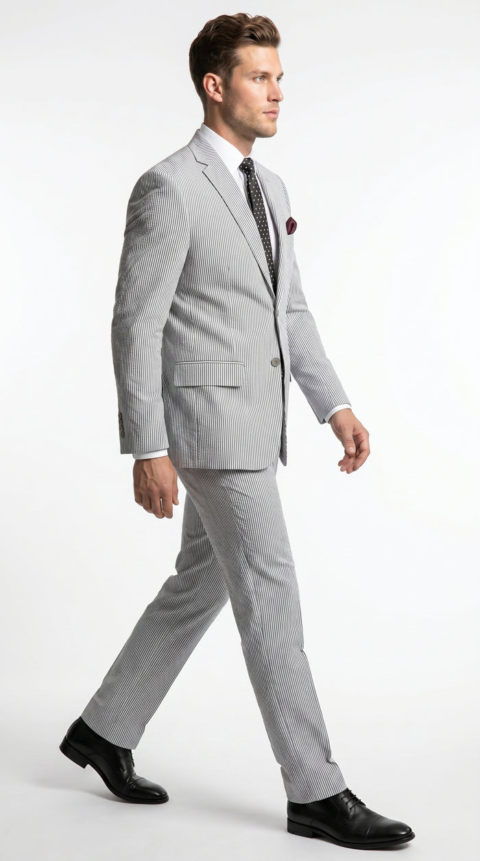 Men’s Black Pinstripe Summer Seersucker 2 Piece Suit with Jacket and Pants
