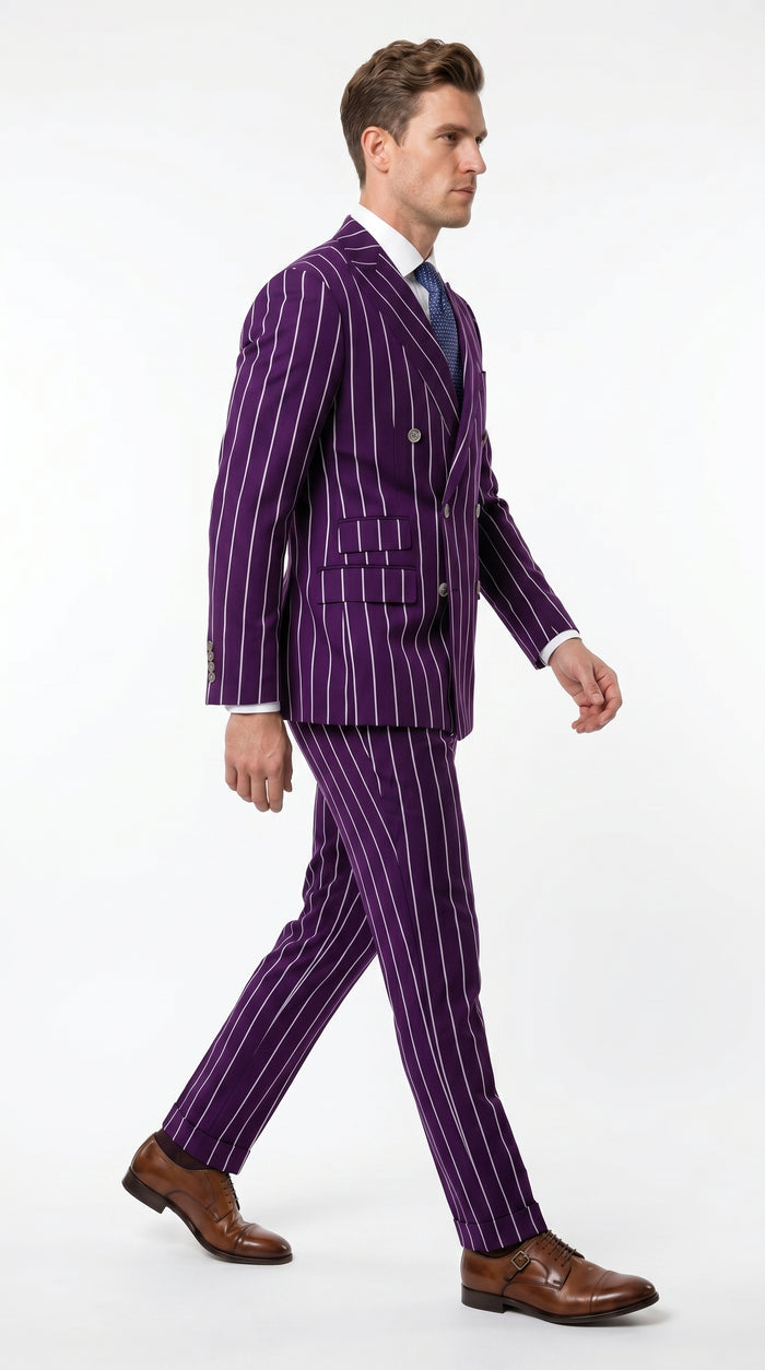 Men’s Dark Purple Pinstripe Double Breasted 1920s Gangster Suit, Vintage Formal Dress Suit