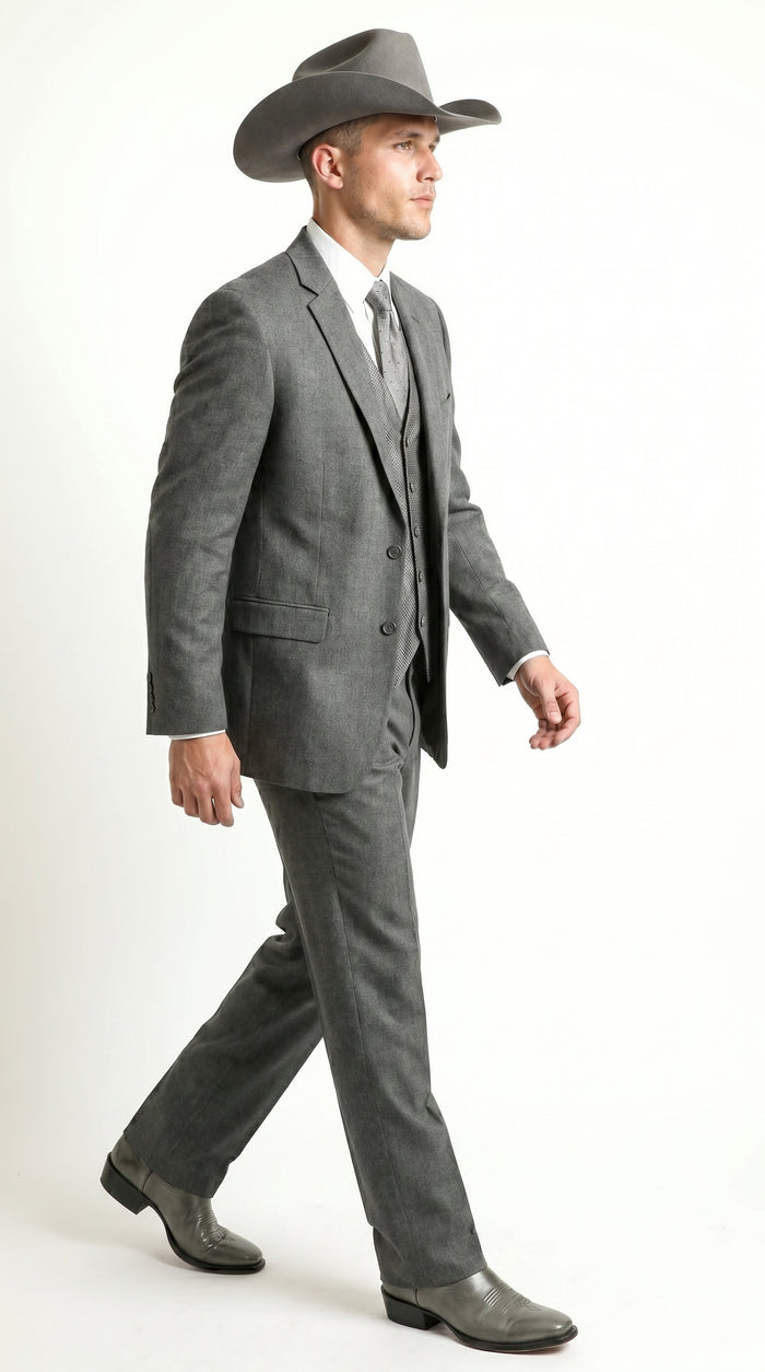 Men’s Grey 2 Button Trim Cowboy Tuxedo with Vest, Western Wedding Formal Suit