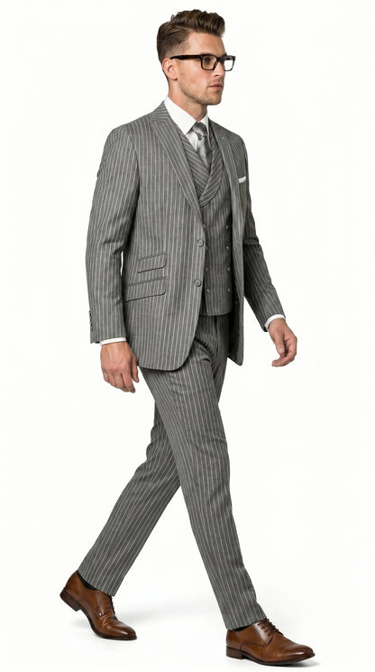 Men’s Grey Pinstripe Double Breasted Vest Suit 2 Button Gangster Style Formal Suit
