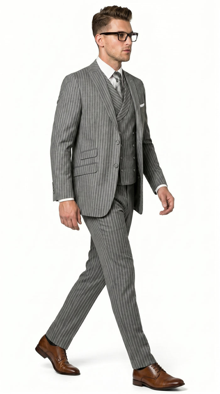 Men’s Grey Pinstripe Double Breasted Vest Suit 2 Button Gangster Style Formal Suit