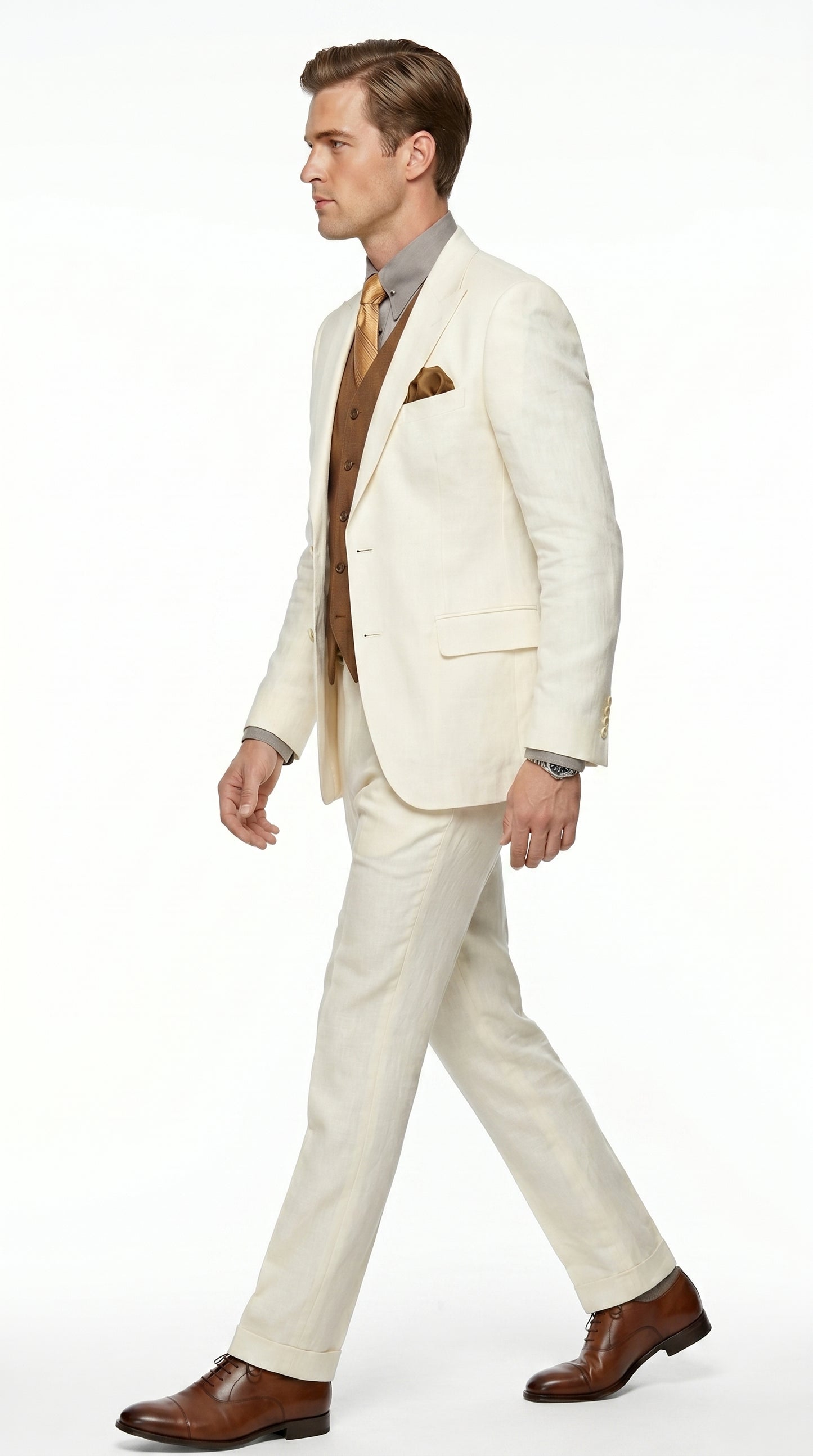 Men’s Ivory Great Gatsby Inspired Suit with Jacket, Vest and Pants, Vintage Formal Wedding Suit