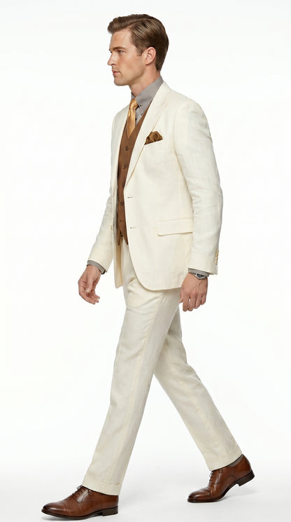 Men’s Ivory Great Gatsby Inspired Suit with Jacket, Vest and Pants, Vintage Formal Wedding Suit