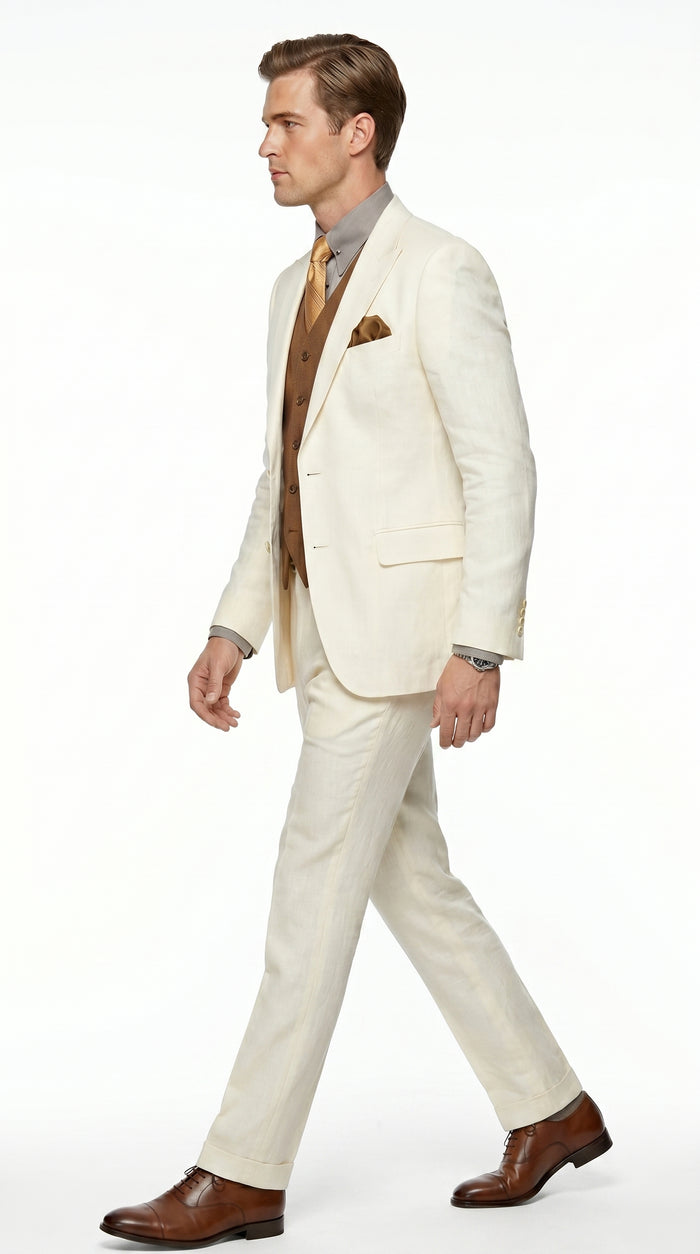 Men’s Ivory Great Gatsby Inspired Suit with Jacket, Vest and Pants, Vintage Formal Wedding Suit
