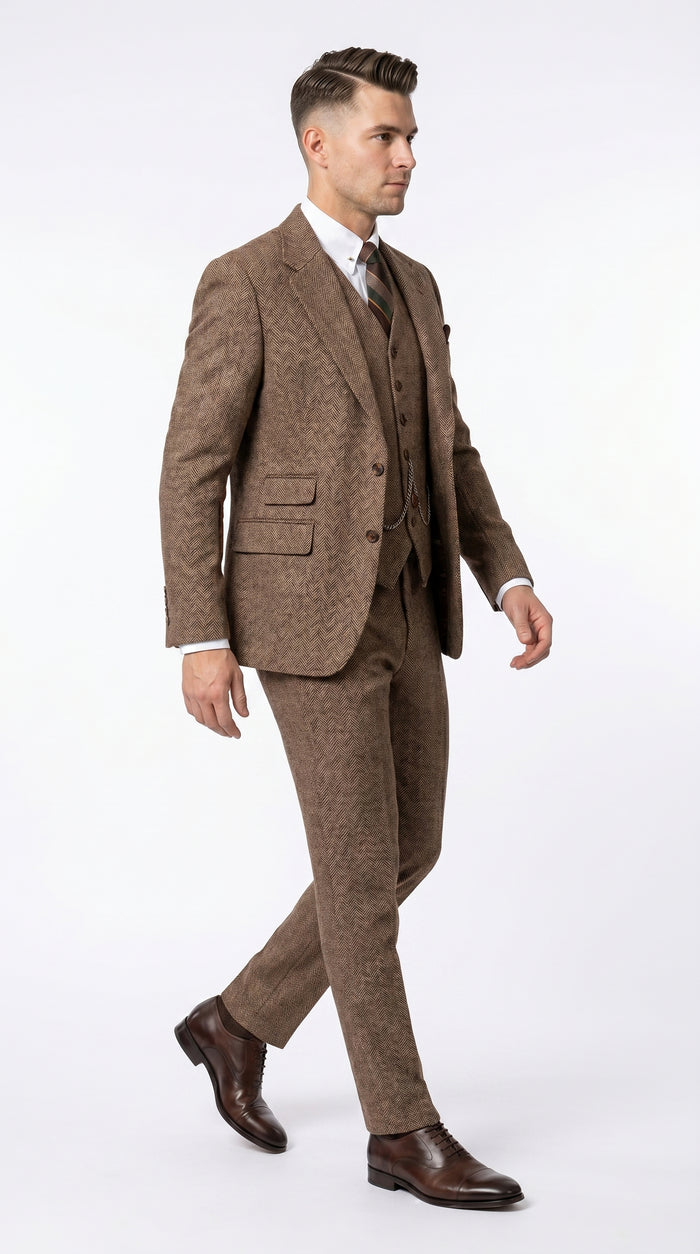 Men’s Light Brown Great Gatsby Inspired Tweed Herringbone Vested Suit, Vintage Formal Wedding Suit
