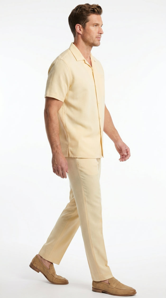 Men’s Yellow Patterned Short Sleeve Walking Suit with Matching Pants, Casual Summer Dress Outfit