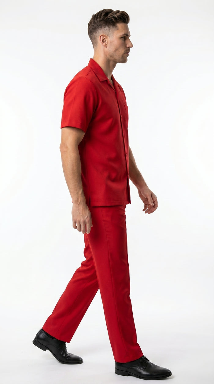 Men’s Red Short Sleeve Walking Suit with Matching Pants, Casual Summer Dress Outfit