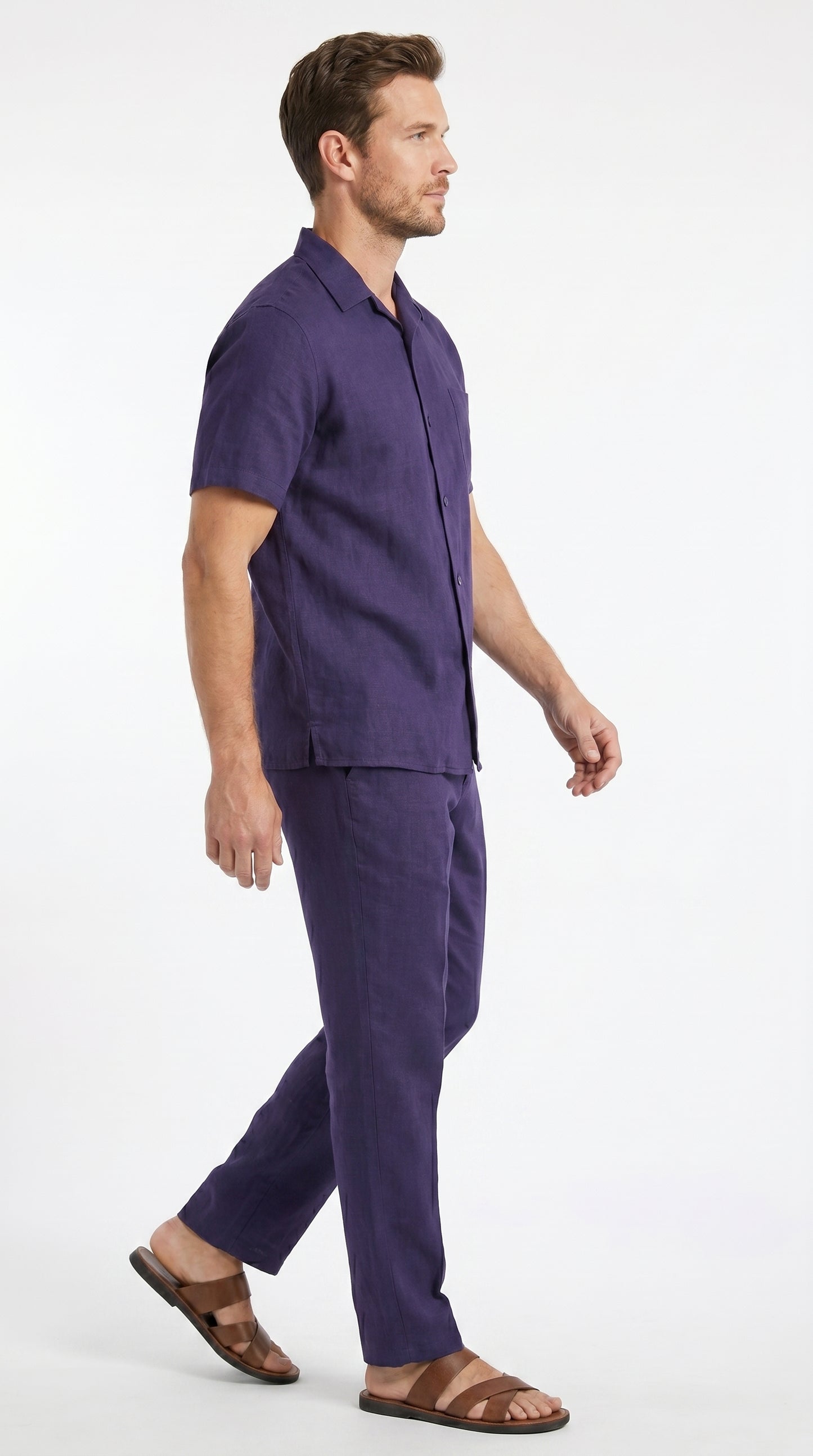 Men’s Navy 100% Linen Short Sleeve Walking Suit, Casual Leisure Shirt and Pants Set