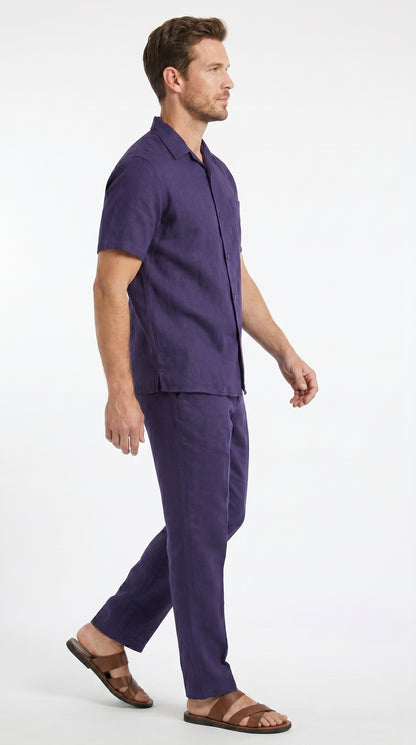Men’s Navy 100% Linen Short Sleeve Walking Suit, Casual Leisure Shirt and Pants Set